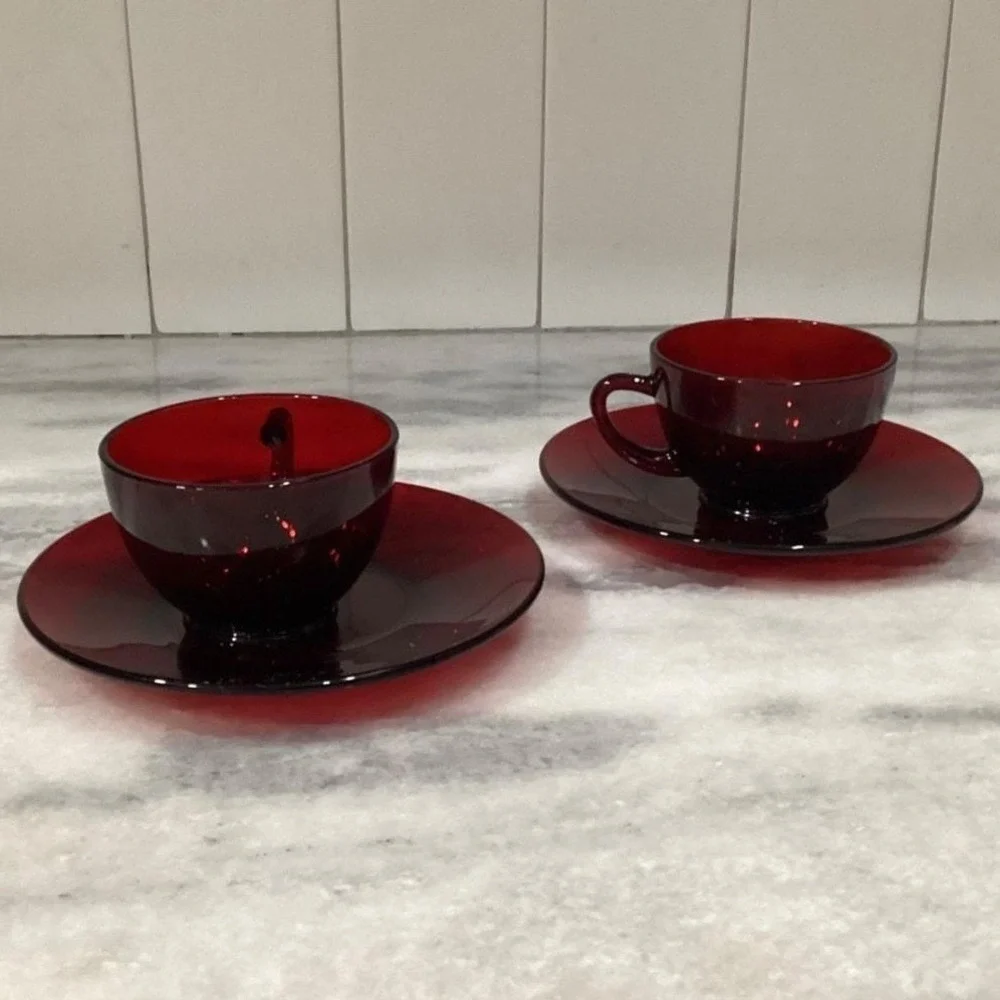 Anchor‎ Hocking Royal Ruby Red Teacups & Saucers, Set of 2, Vintage Glassware